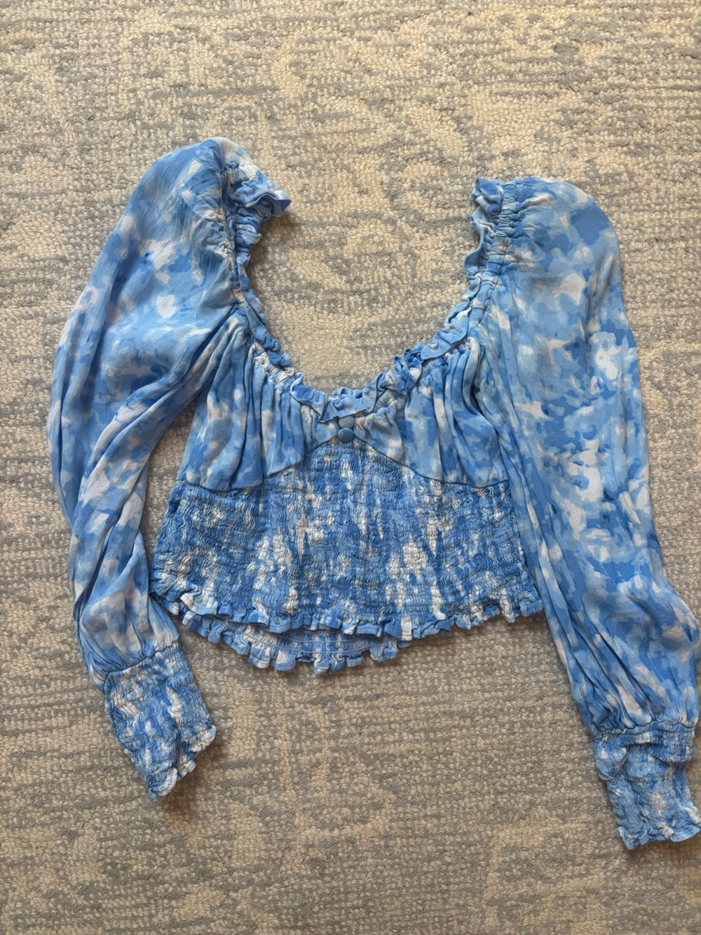 Faithfull the Brand Blue Smocked Crop Peasant Top